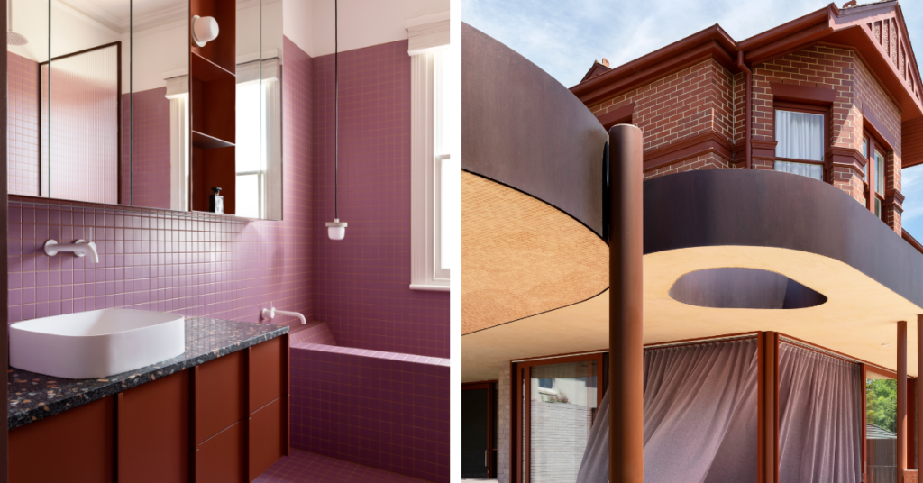 Two images. Purple bathroom and red brick house.
