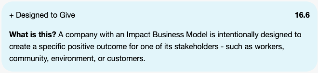 Impact Business Model scores are listed in the light blue box