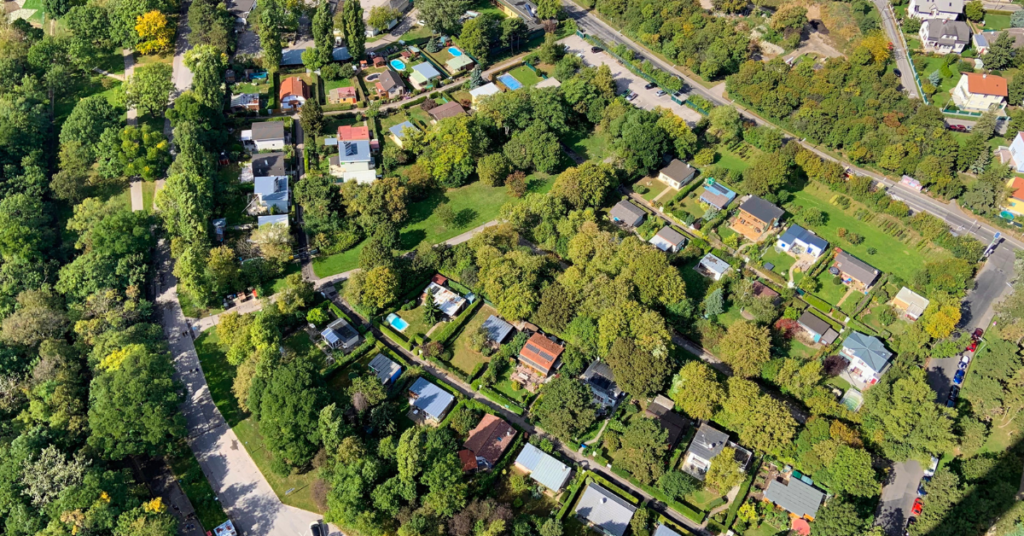 Aerial shot of houses and trees