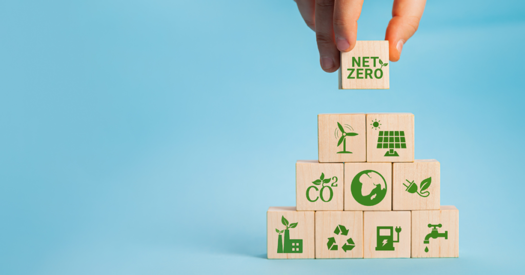 Building blocks with sustainability icons on them