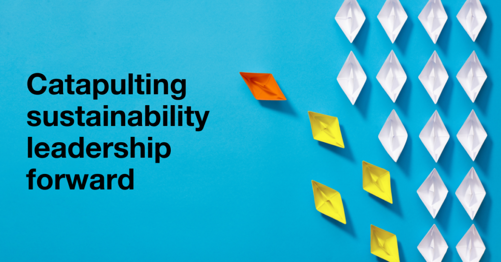 Paper boats on a blue background. Text "Catapulting sustainability leadership forward"