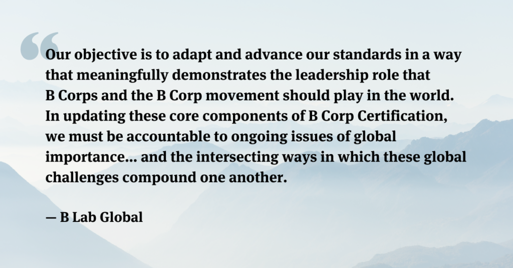 Quote: “Our objective is to adapt and advance our standards in a way that meaningfully demonstrates the leadership role that B Corps and the B Corp movement should play in the world. In updating these core components of B Corp Certification, we must be accountable to ongoing issues of global importance… and the intersecting ways in which these global challenges compound one another.” — B Lab Global