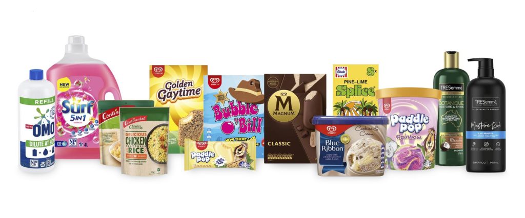 Unilever ANZ products: Omo, Surf, Continental, Golden Gaytime, Bubble O'Bill, Paddle Pop, Magnum, Blue Ribbon, TRESemmé.