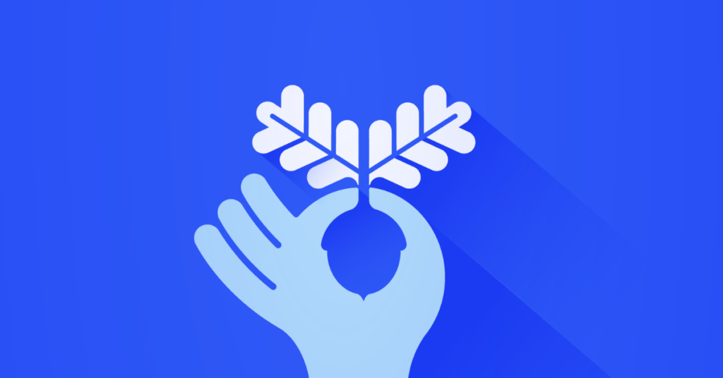 Blue background, graphic of hand and acorn