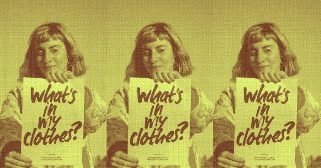 A girl holding a sign that reads 'What's in my clothes?'