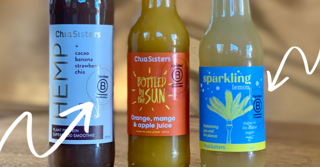 Chia Sisters bottled juices highlighting the B Corp logo
