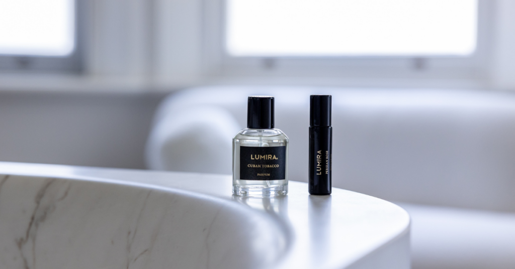 B Corp certified brand Lumira perfume and sample on top of a table