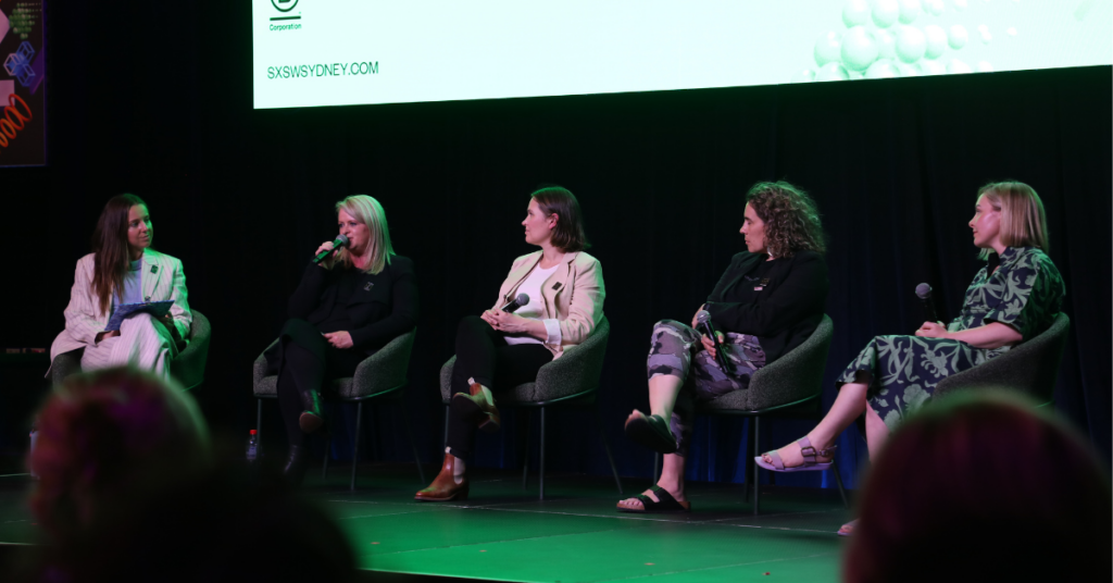 A fashion panel including Angela Winkle of R.M.Williams, Laura Thompson of Clothing The Gaps, Angie Farrugia of B Lab AANZ, Rebecca Hard of The Sussan Group, in a panel session hosted by Lottie Dalziel of Banish.