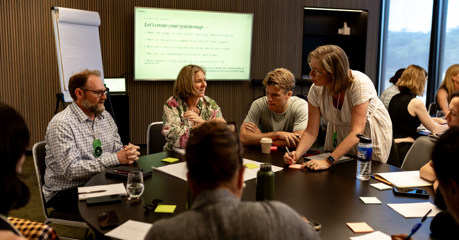 Group of people in a room with a whiteboard in the background discussing their B Corp Certification journey.