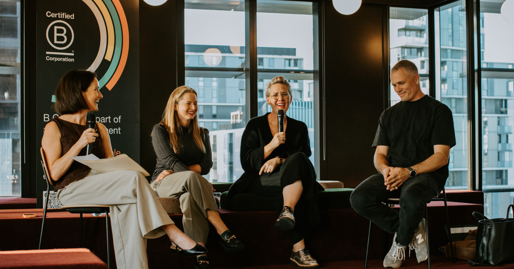 Four speakers speaking at the Your people first: Communicate your B Corp Certification internally event.