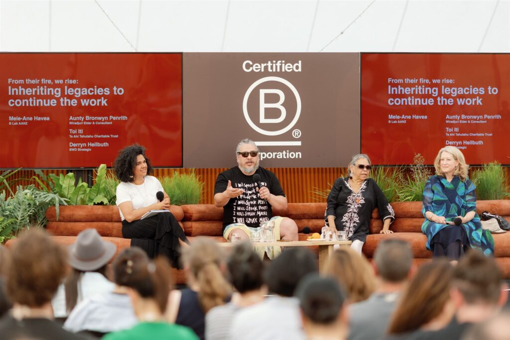 Mele-Ane Havea, Toi Iti, Wiradjuri Elder Aunty Bronwyn Penrith, and Derryn Heilbuth, speaking on a panel.