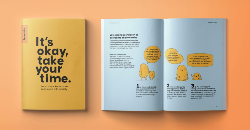A booklet titled “It’s okay, take your time.’ on an orange background. 
