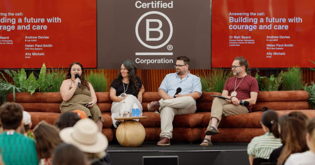 Panel discussion at B Lab AANZ Assembly 2025, with speakers seated on stage in front of Certified B Corporation branding.